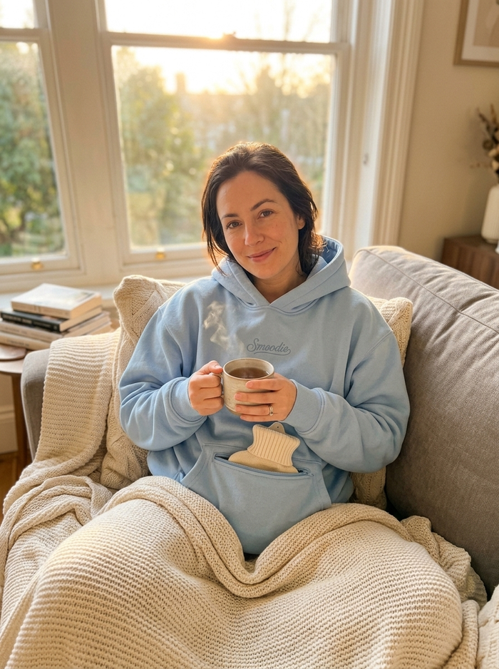 Smoodie in Hellblau auf dem Sofa